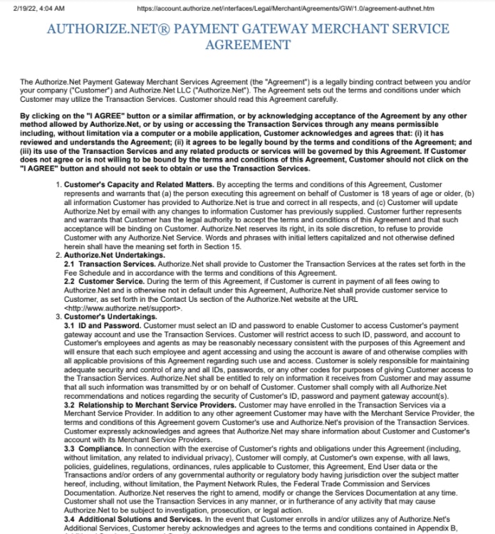 Authorize.net Payment Gateway-Only Merchant Service Agreement Preview