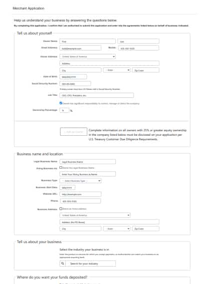 A sample merchant application form from Authorize.net.