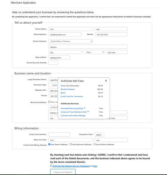 A sample image to sign up for payment gateway account in Authorize.net.