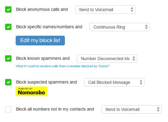 Ooma customize call blocking options.