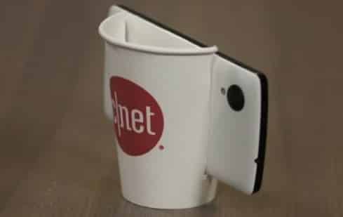 A disposable cup can be easily cut to position and hold a smartphone.