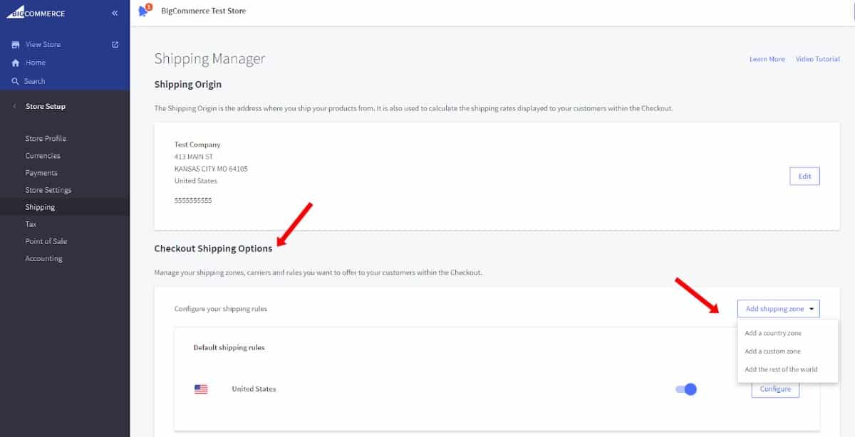 BigCommerce defaults to the US as shipping zone.