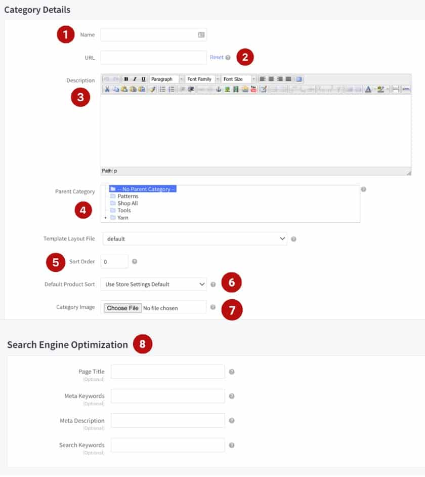 BigCommerce provides eight unique fields for setting product category parameters.