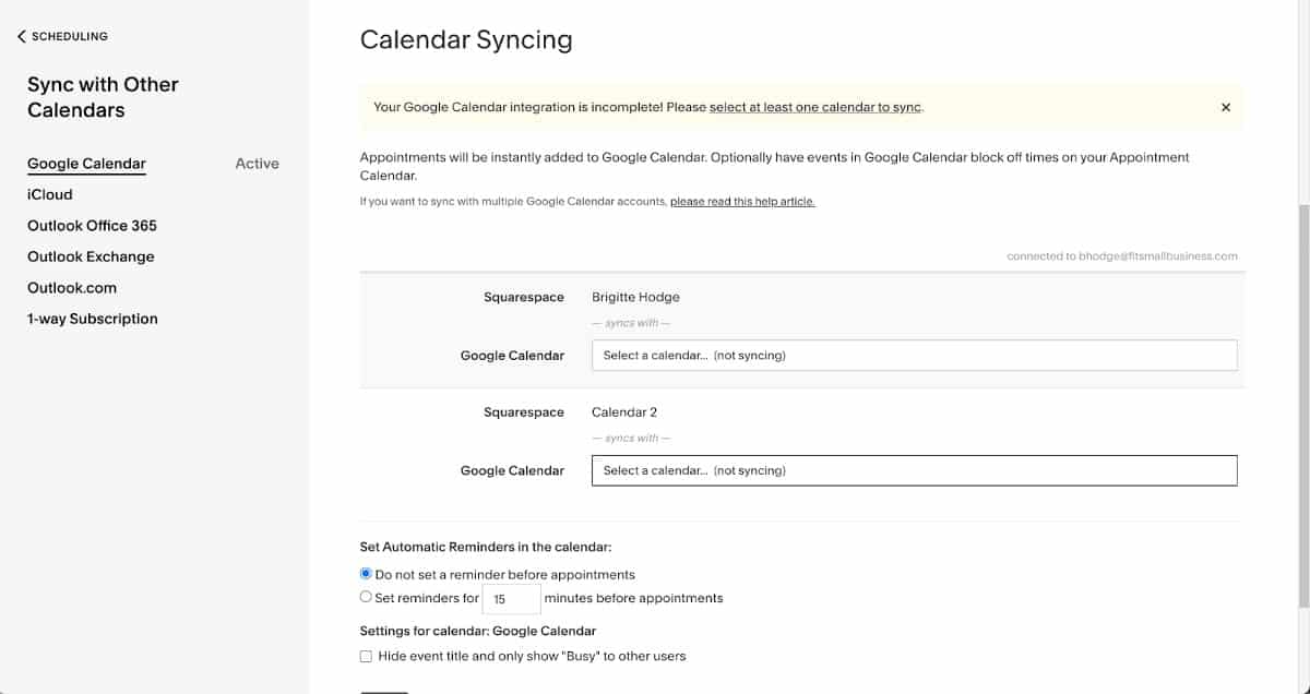 Calendar syncing in Squarespace scheduling.