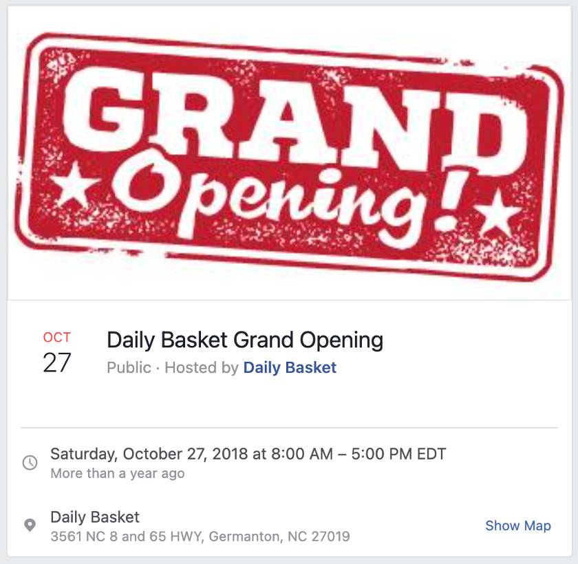 Showing Daily Basket's grand opening invitation.