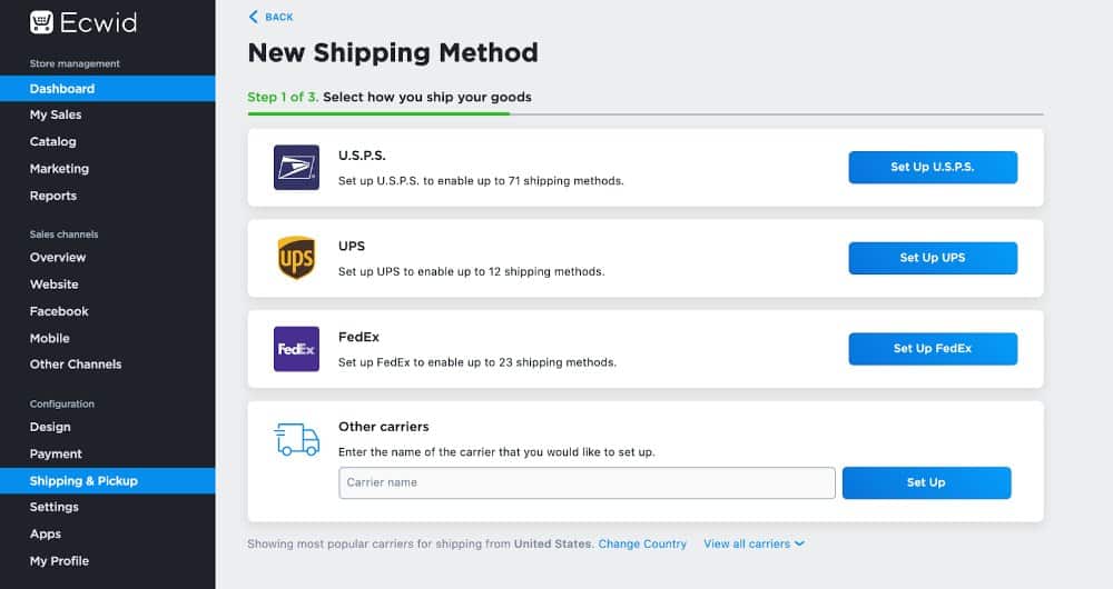 Ecwid automatically shows the most popular shipping carriers in your country.