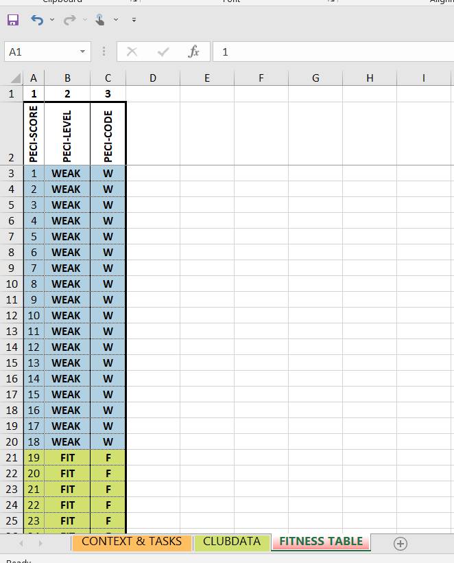 Fitness table shows the PECI-SCORE, PECI-LEVEL and PECI-CODE.