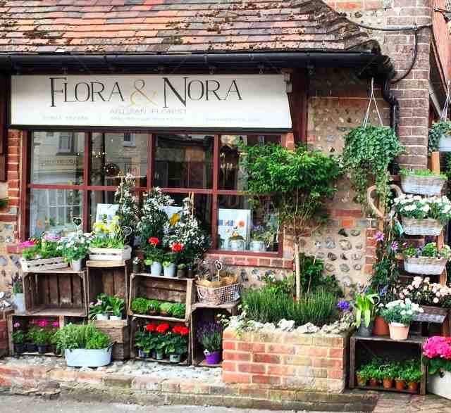 Showing Flora and Nora flower shop signage.