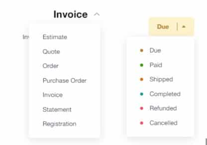 Showing given options for the type of invoice.