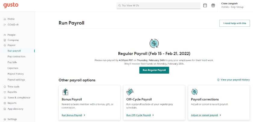 Showing Gusto's payroll dashboard.