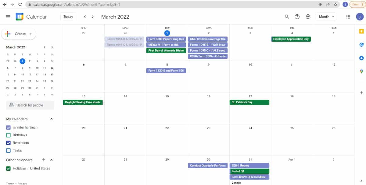 Sample of HR compliance calendar in Google calendar.