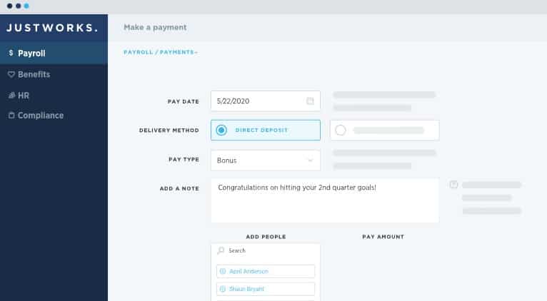 Showing how Justworks lets you add employee messages to bonuses and special payments.