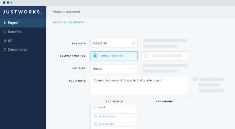 Justworks lets you add employee messages to bonuses and special payments.