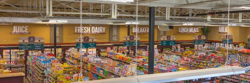 Showing how large stores like groceries use wayfinding to mark departments.
