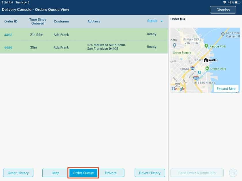 Showing order queue view orders with delivery information and order status.