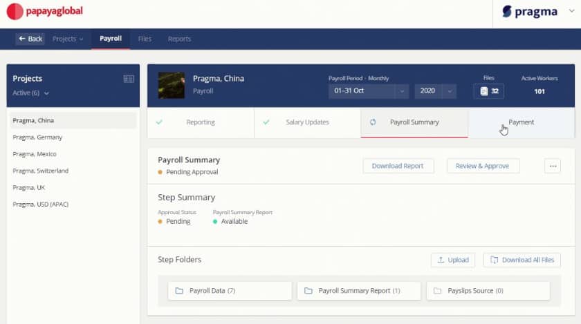 Payroll projects per country with Papaya Global Payroll.