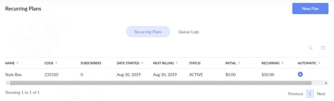 Recurring subscription plans on Helcim dashboard.