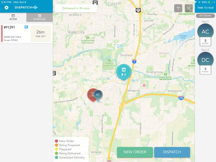 Showing Revel Systems' delivery XT dashboard driver locations and order statuses.