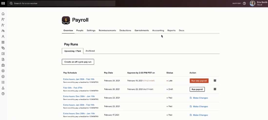 Showing Rippling's payroll dashboard.