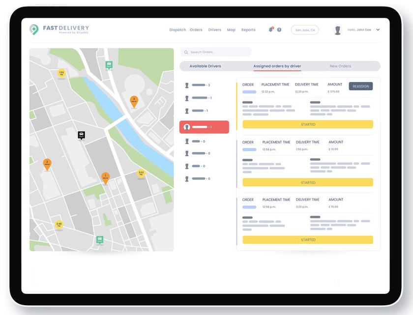 Showing driver location, list and active orders in Shipday's dispatch dashboard.