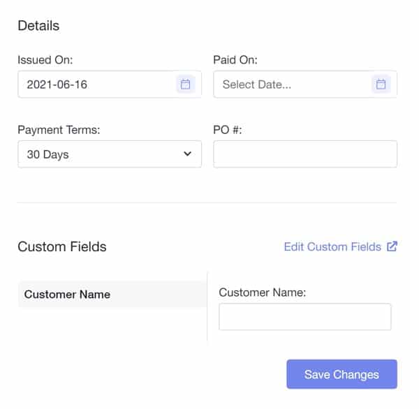 Specifying the invoice details and adding the customer name.