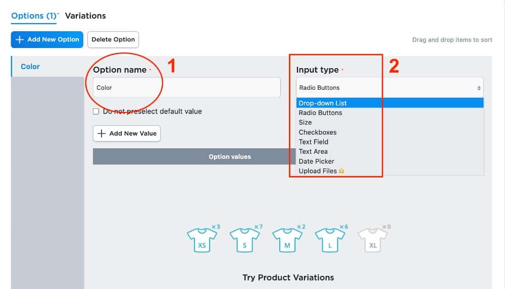 Specifying the option you want to set up.