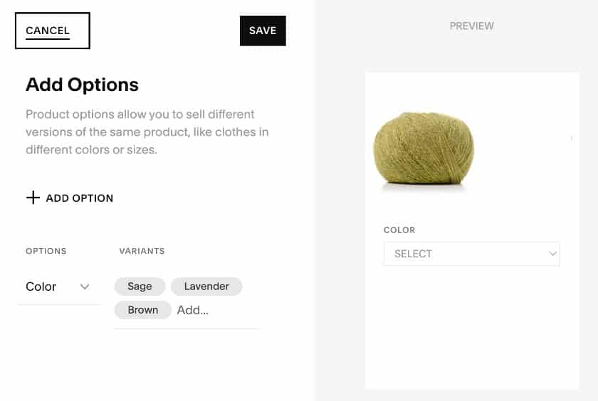 Showing how Squarespace products can have up to six options and up to 250 variants.