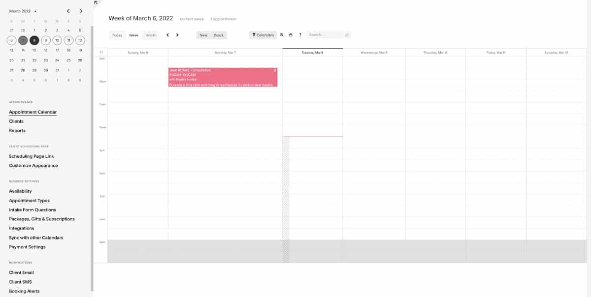 Squarespace's scheduling user homepage.
