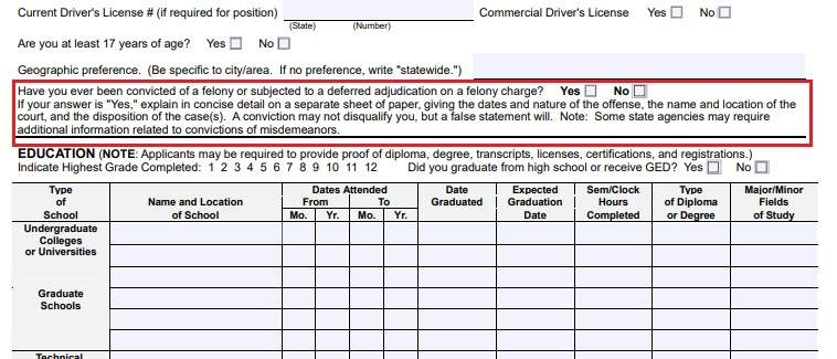 Showing the "box" outlined in red on a state of texas application for employment.