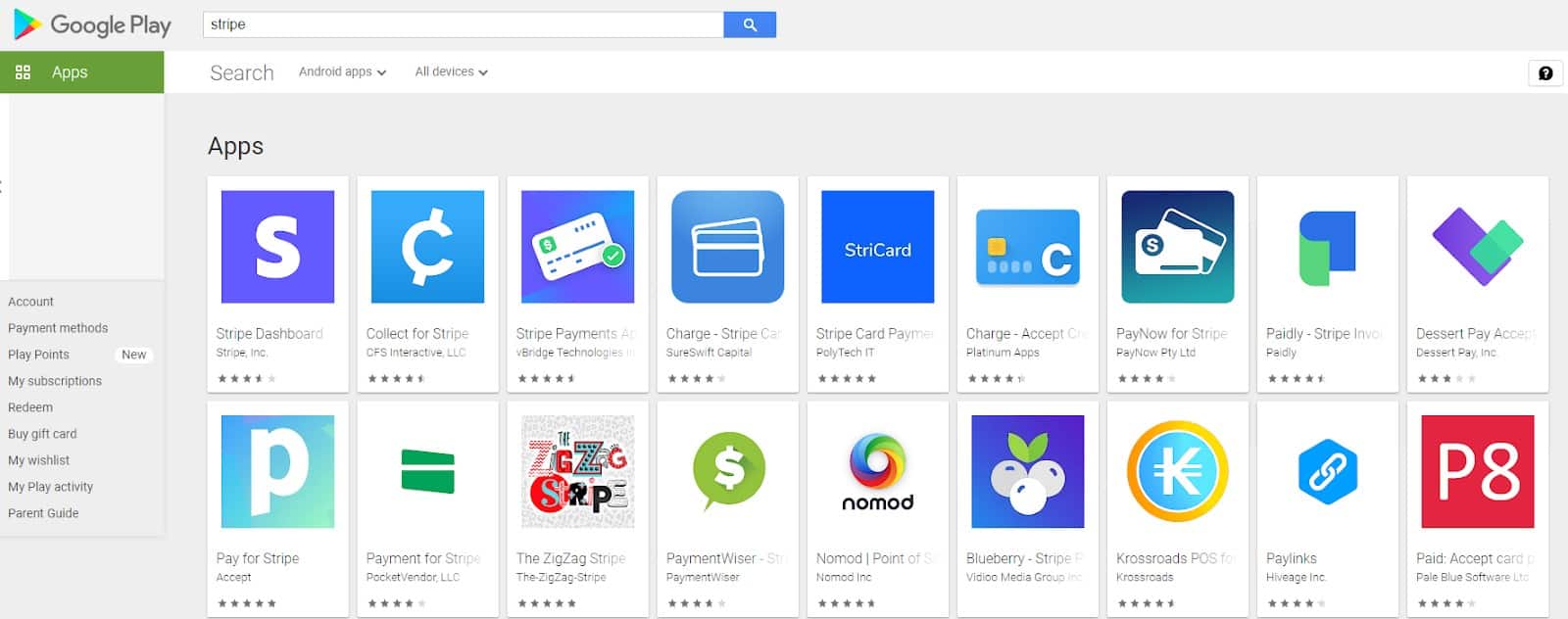 Various third-party apps made just for Stripe found in Google Play.