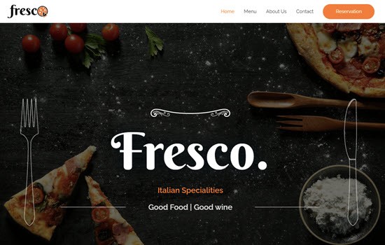 Examples of Bluehost website templates for restaurants, Fresco homepage.