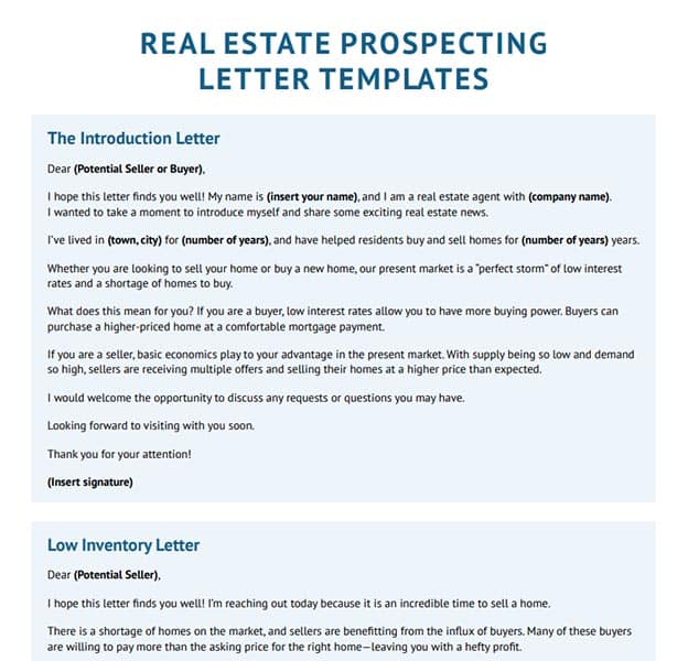 Real Estate Prospecting Letter Templates