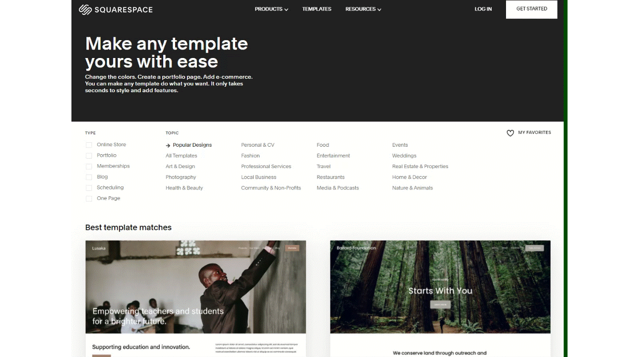Squarespace’s template selections GIF.