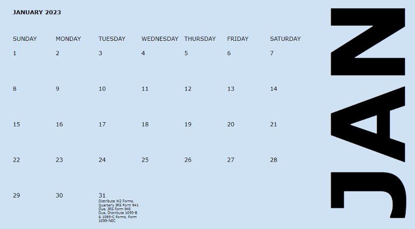 2023 HR compliance calendar January page.