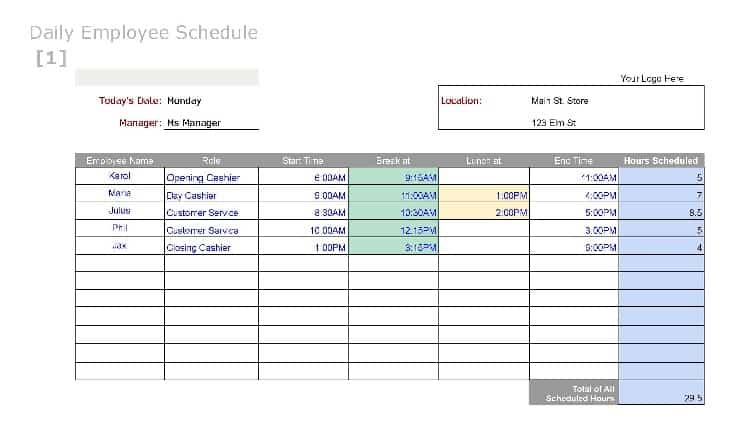 excel daily work schedule template