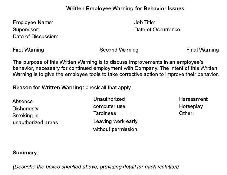 Employee write up form behavior issue template.