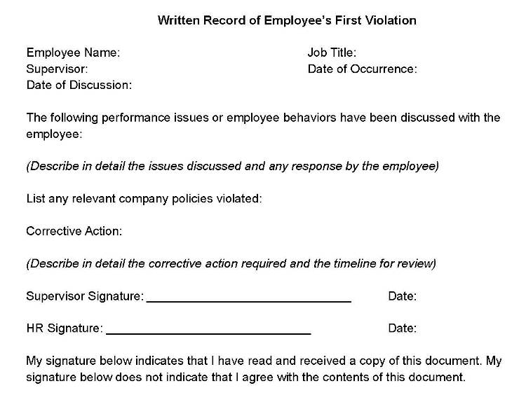 Employee write up form first violation template.