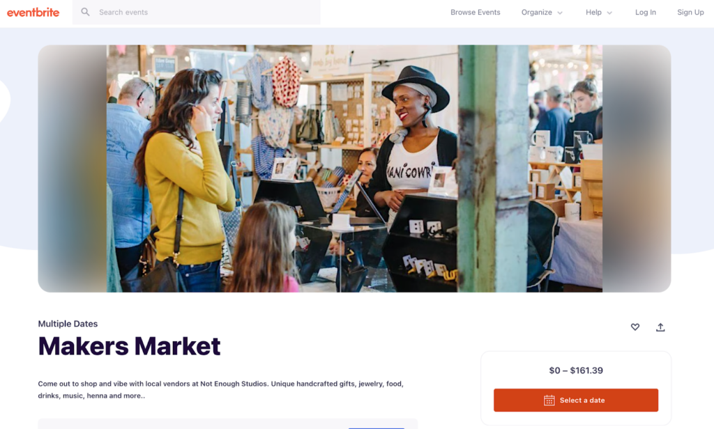 A Makers Market event advertised on Eventbrite