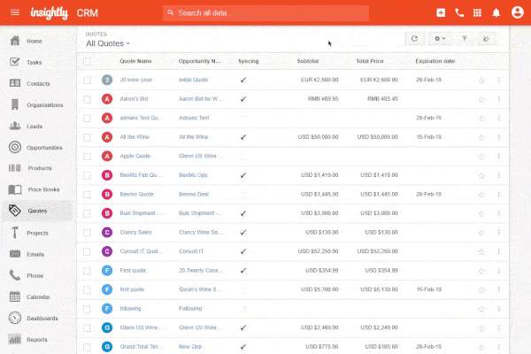 Insightly’s project activity panel uses pipelines to track deliverables.