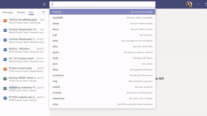 A GIF showing a Microsoft Teams user typing "/call" on the command bar, selecting a contact from the dropdown menu, and being directed to the calling interface.