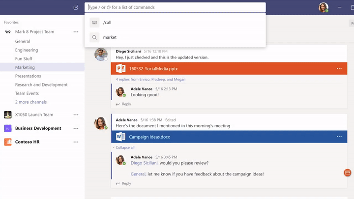 A GIF showing a Microsoft Teams user typing "/files" on the command bar, selecting a document from the dropdown menu, and being directed to a Word document.