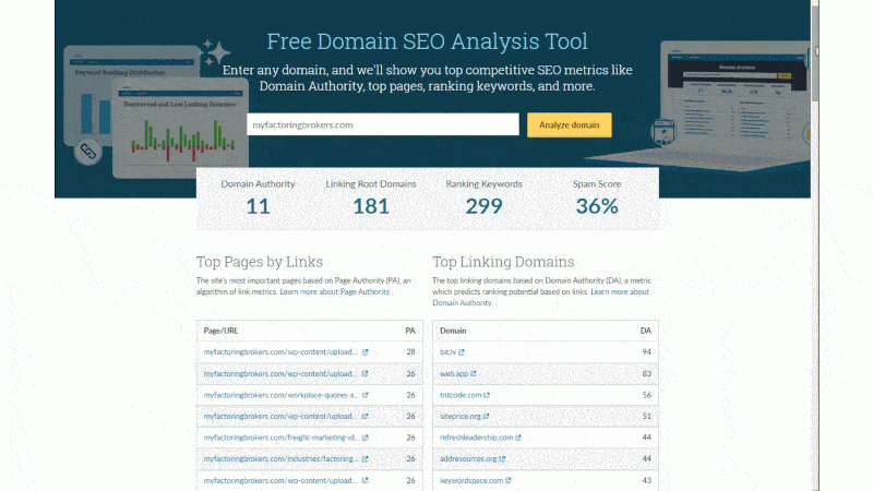 Moz Domain Analyzer helps identify site performance issues