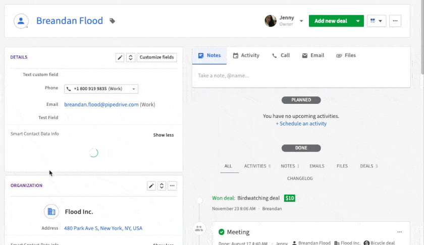 Pipedrive contact details interface