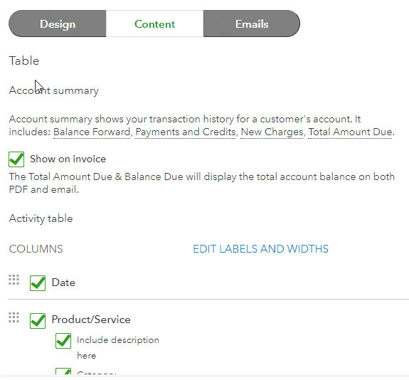 Setting the options and fields for the Table section of an invoice in QuickBooks Online.