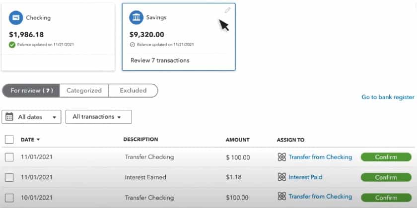 Classifying imported transactions in QuickBooks Online.