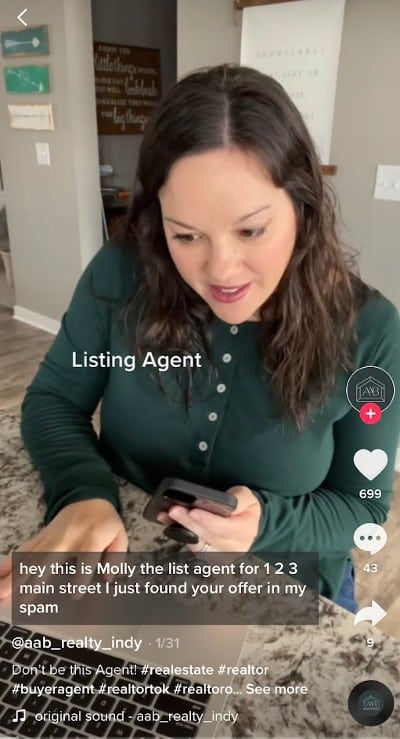 AAB Realty Indy multiple types of agent hashtags to ensure the video is seen by the right audience.