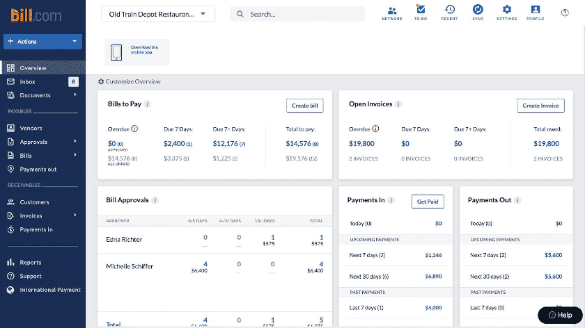 Image of Bill's dashboard with an overview of bills to pay, open invoices, bill approvals, and payments in/out