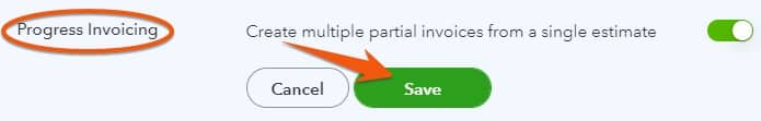 Activating progress billing in QuickBooks Online.