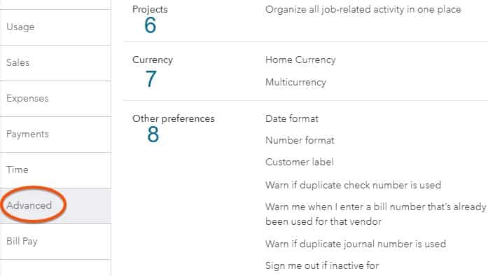 Advanced settings in QuickBooks Online .