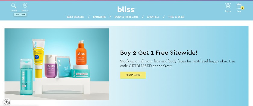 Bliss homepage, a spa-powered skincare brand.